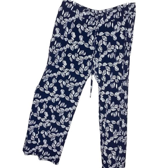 Magnolia Grace Wm’s Sz XL Navy Blue White Leaf Design Flowy Wide Leg Pants - Picture 1 of 5